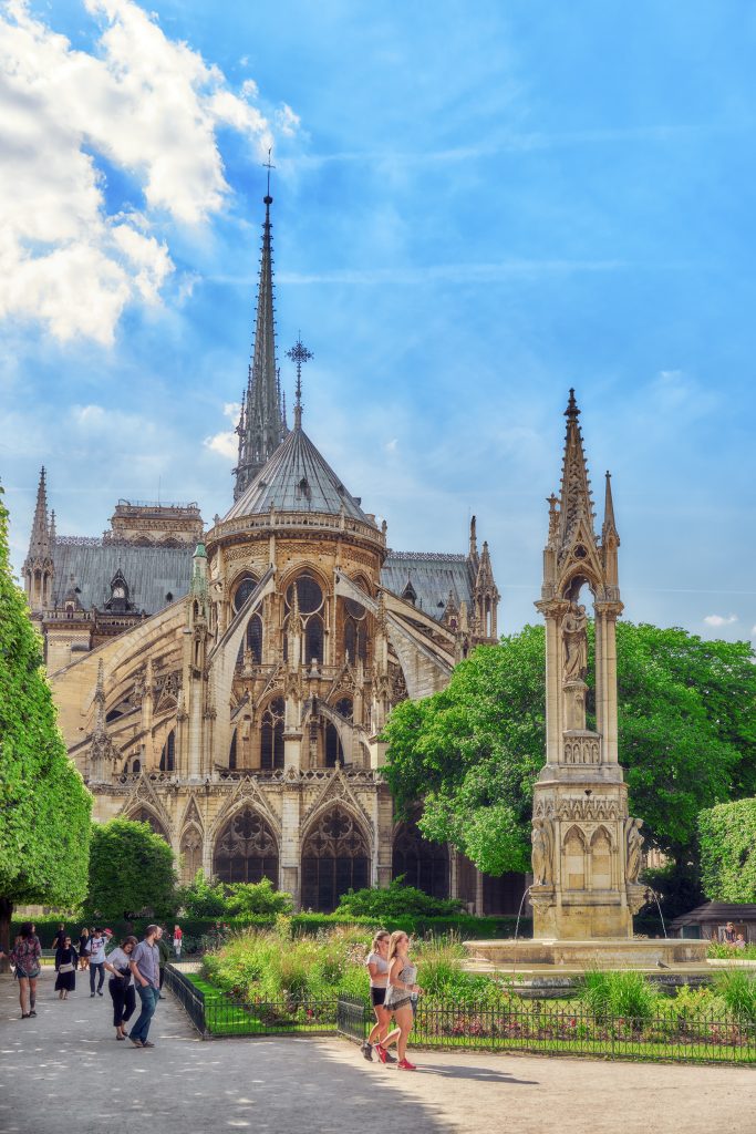 Notre Dame De Paris Cathedral, Most Beautiful Cathedral In Paris. East Side Of The Cathedral. France.